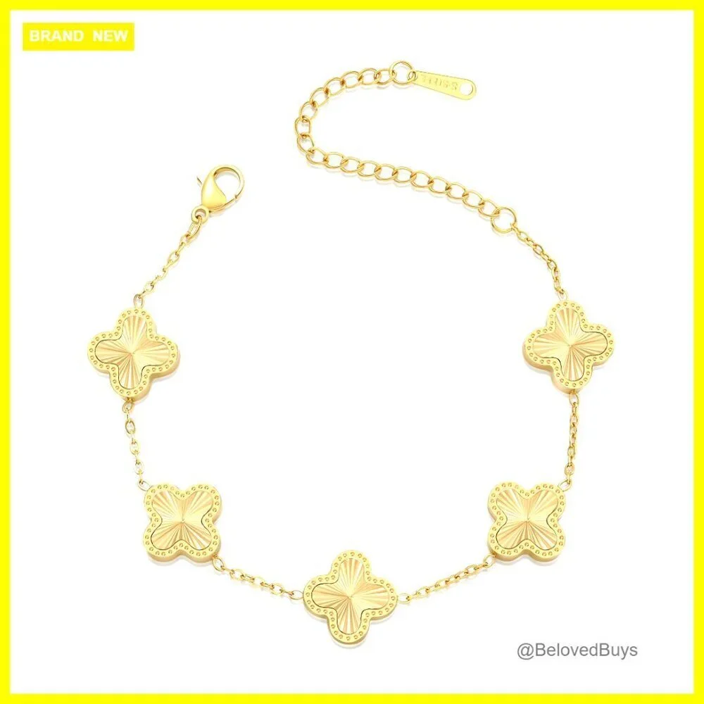 18K Gold Plated Clover Bracelet Adjustable Lucky Charm Stainless Steel